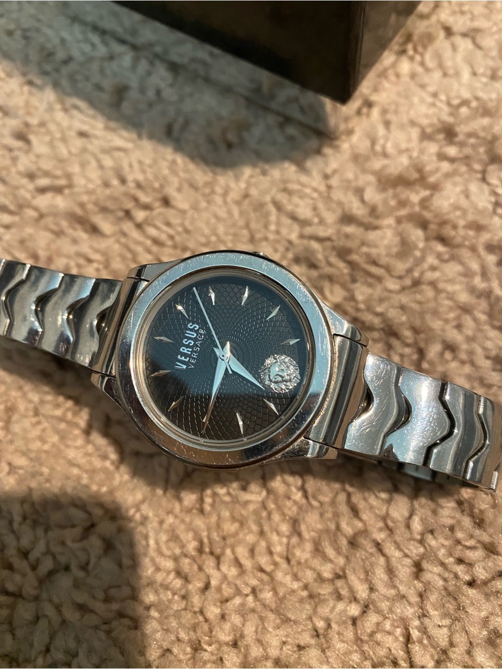 Versus Versace Silver Stainless Steel Watch with Black Dial and Lion Emblem